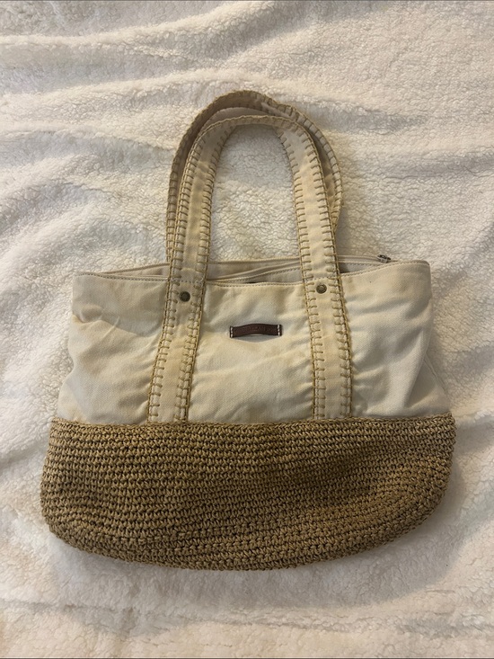 Caribbean Joe Handbags - Caribbean Joe Cream Canvas & Tan Woven Straw Tote